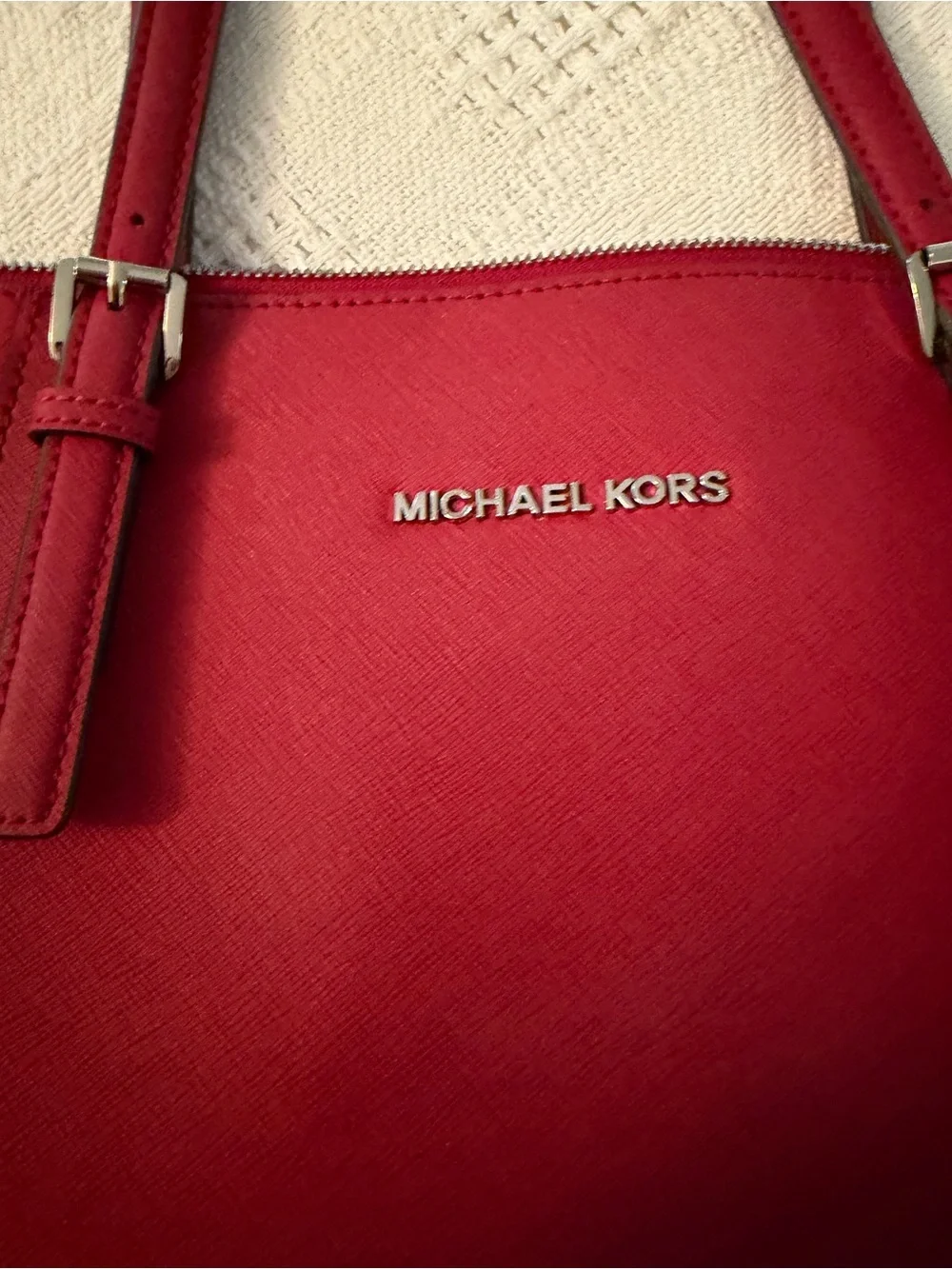 Michael Kors Bright Red Saffiano Leather Tote with MK Pendant